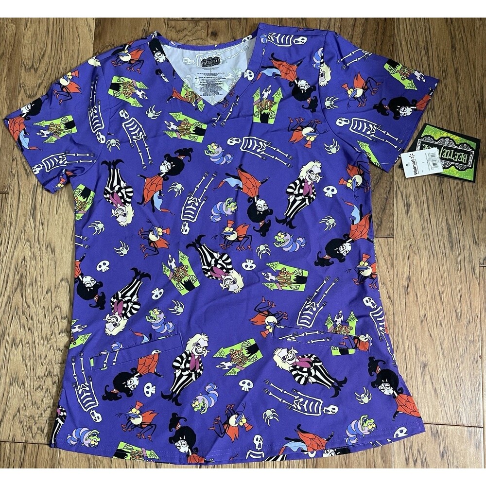 Scrubstar 'Beetlejuice' Print Fashion Scrub Top Size Small NWT